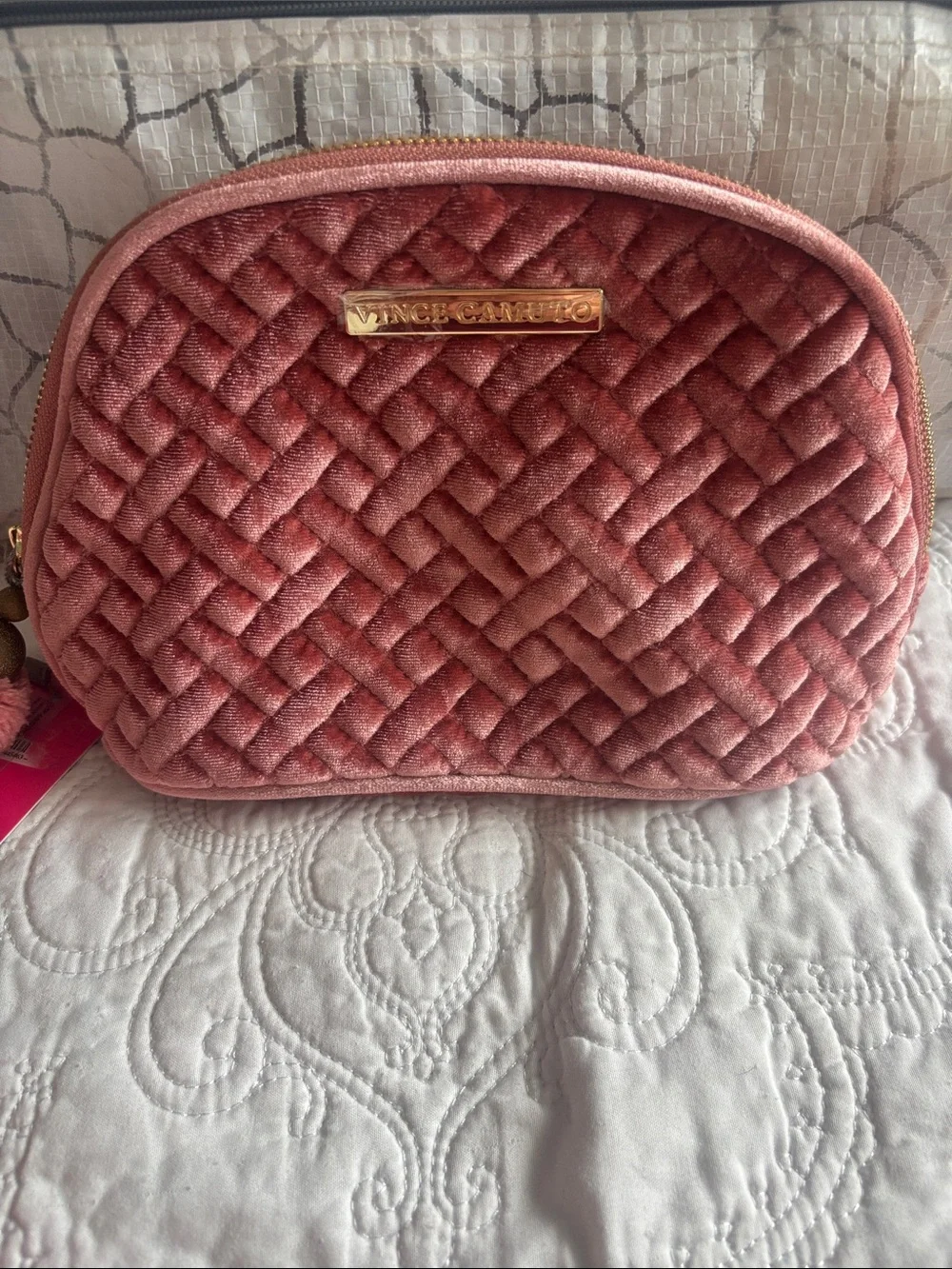 Vince Camuto Quilted Velvet Cosmetic Pouch in Dusty Rose with Gold Plate